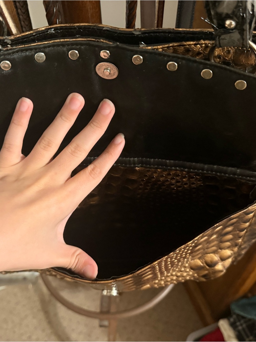 Textured Metallic Bronze Tote Bag with Stud Accents - Picture 3 of 10